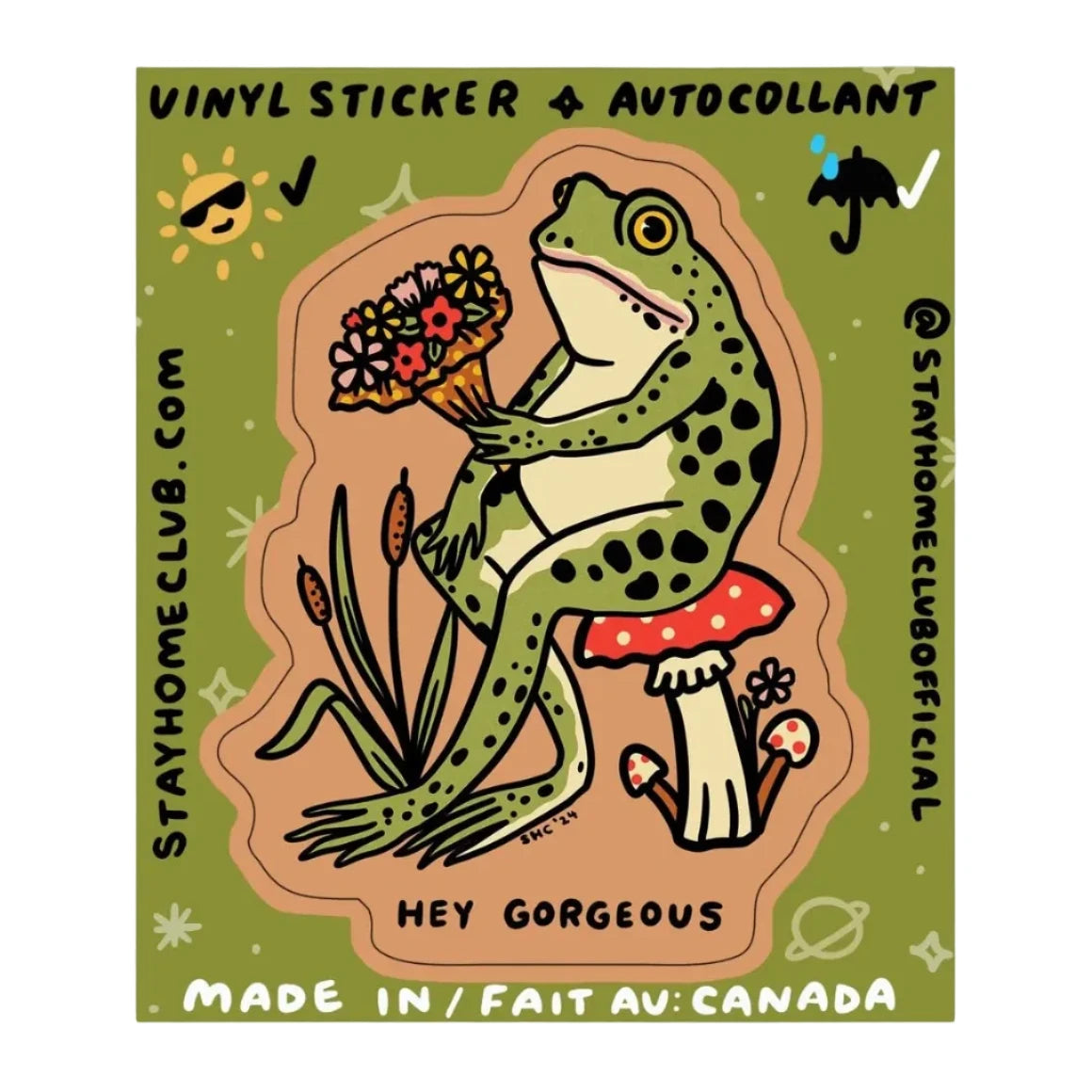Stay Home Club Hey Gorgeous Vinyl Stickerâcute frog with flowers sitting on a mushroom, aesthetic decor for laptops or water bottles.