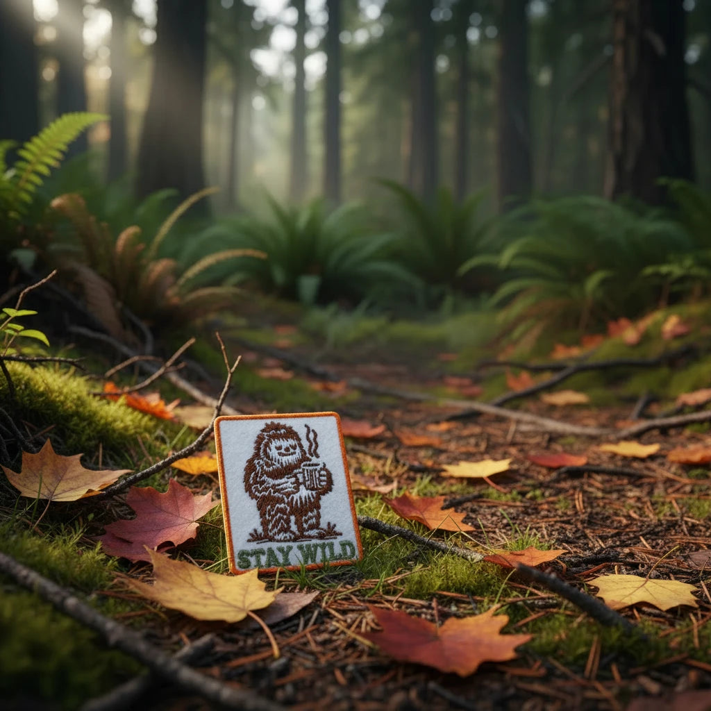 Embroidered patch with a bear like design and 'Stay Wild' text on a woodland floor