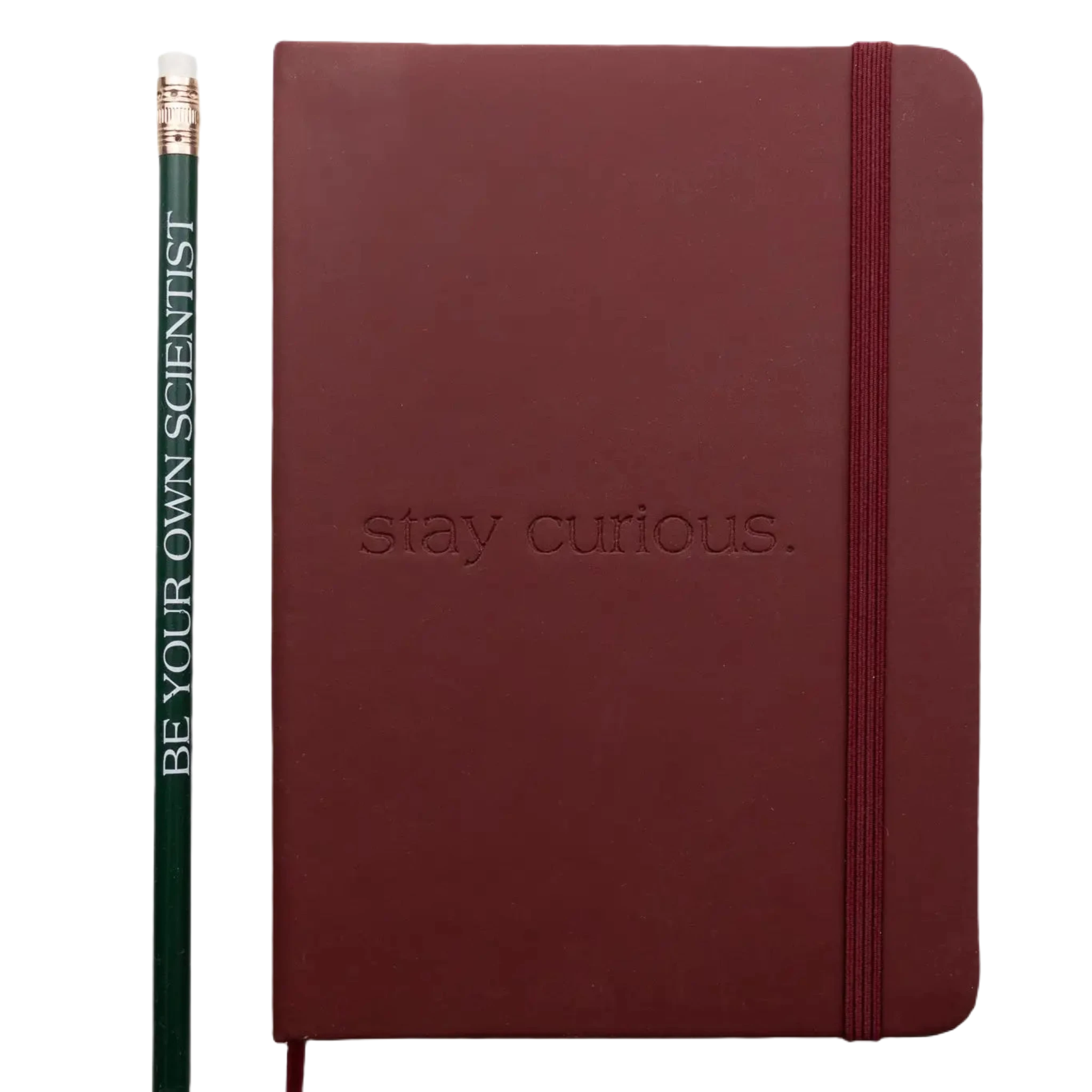 The Stemcell Science Shop's "Stay Curious Journal & Pencil Set," featuring a burgundy hardcover notebook embossed with "stay curious." and a green pencil labeled "BE YOUR OWN SCIENTIST," is the ideal college-ruled observation journal for capturing your thoughts and ideas.