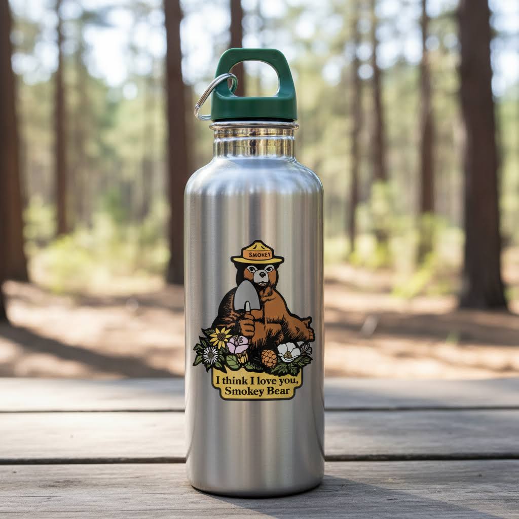 Forager Provisions LTD Smokey Bear sticker featuring a vintage illustration on a stainless steel water bottle