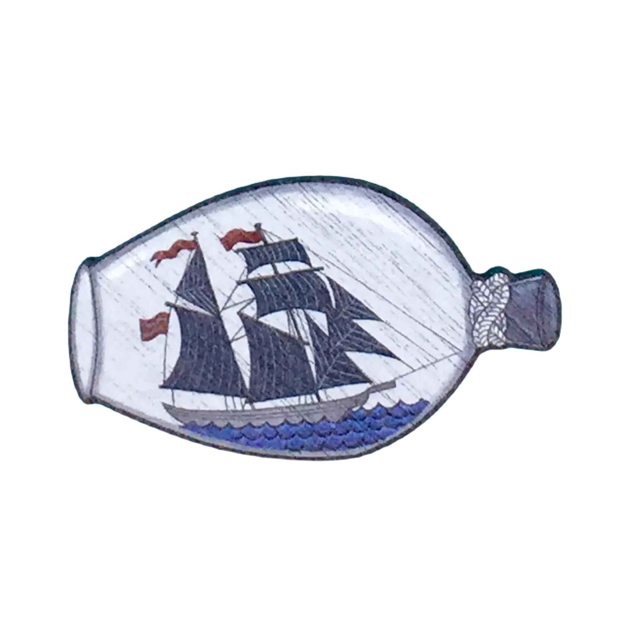 Original illustration by Su Owen of a ship with sails inside a bottle against a bright blue background, featured on the Su Owen Nautical Boat In Bottle Pin Brooch crafted from sustainable walnut.