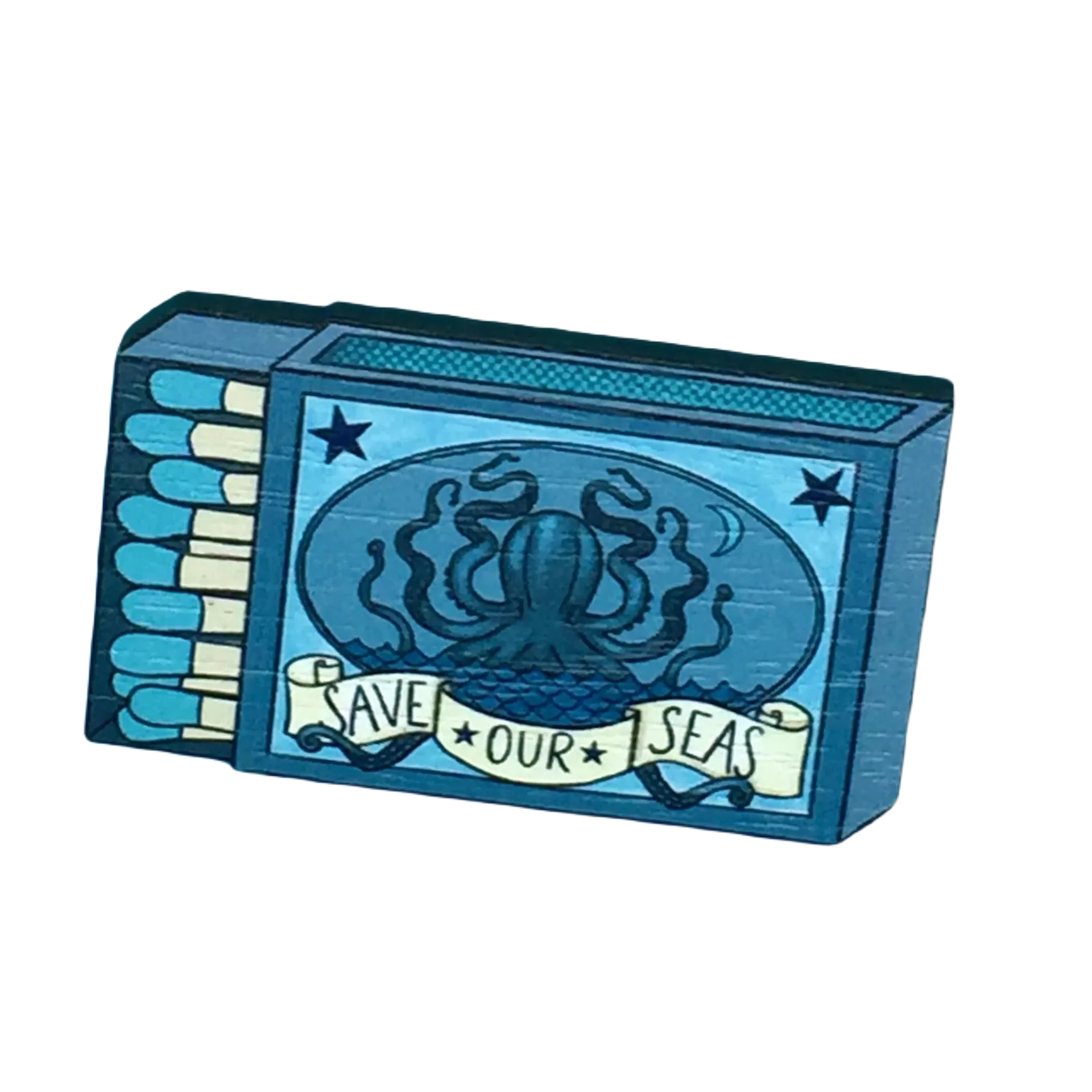 Illustration of the Su Owen Matchbox Pin Brooch featuring an octopus and a banner saying "Save Our Seas" on a blue background, crafted from sustainable wood.