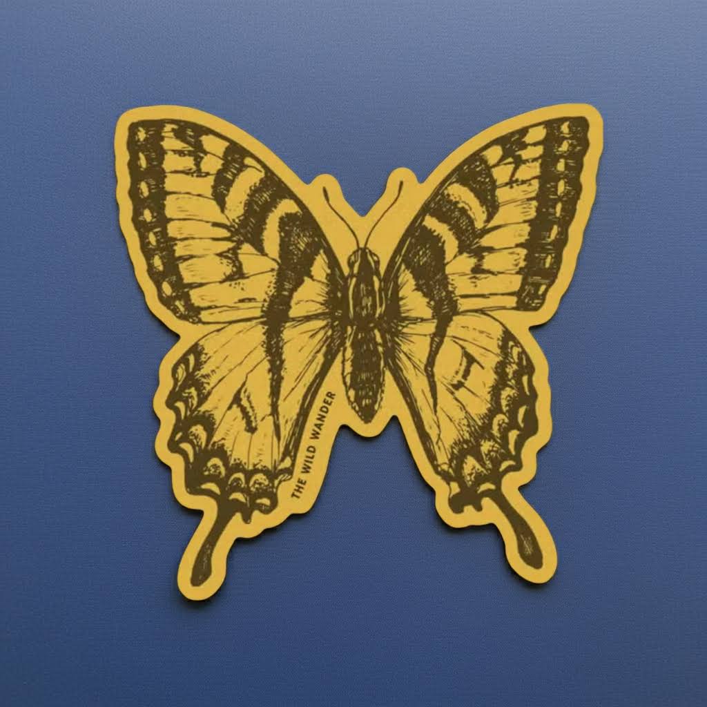 Forager Provisions LTD swallowtail butterfly sticker with yellow and black detailed illustration on a blue background