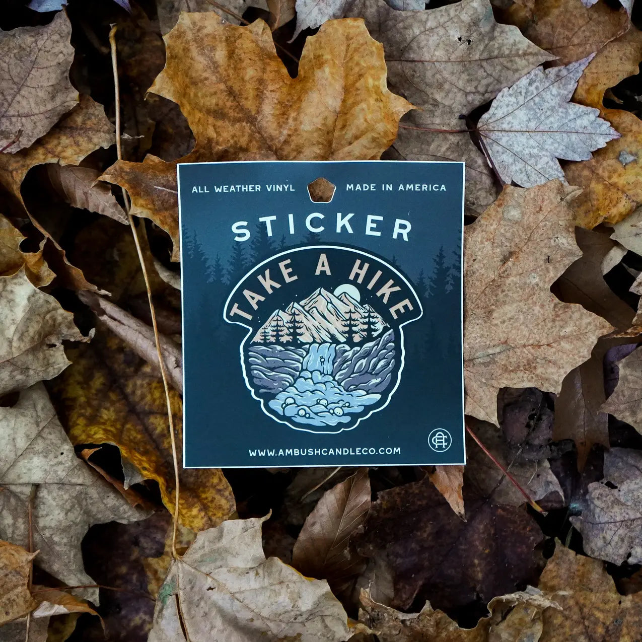 The Ambush Candle Co Take A Hike Sticker is a weatherproof vinyl sticker featuring "Take A Hike" text and a mountain scene, surrounded by vintage items like keys, matches, and playing cards. It's perfect for outdoor enthusiasts and hiker decal sticker collectors alike.
