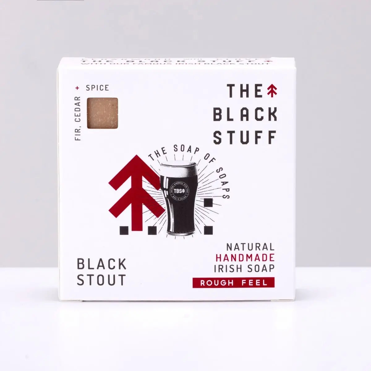 White box of The Black Stuff Soap - Stout with red, black grooming design by The Black Stuff, artisan mens skincare product.