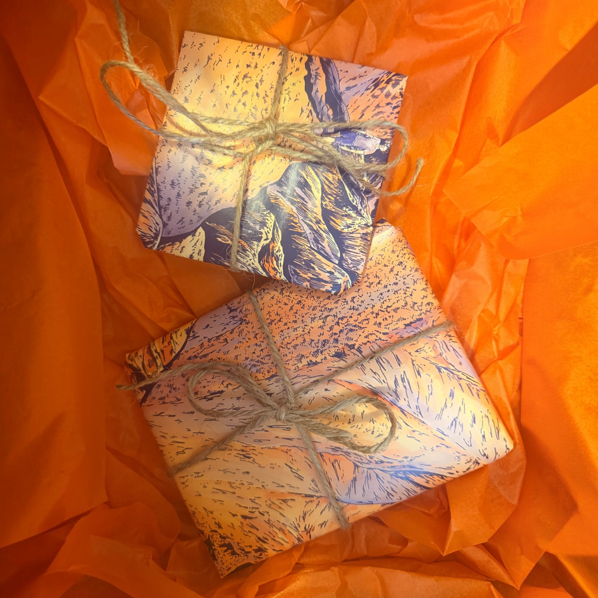 Two wrapped gift boxes with a mountains-style print, tied with twine, nestled in bright orange tissue paper.