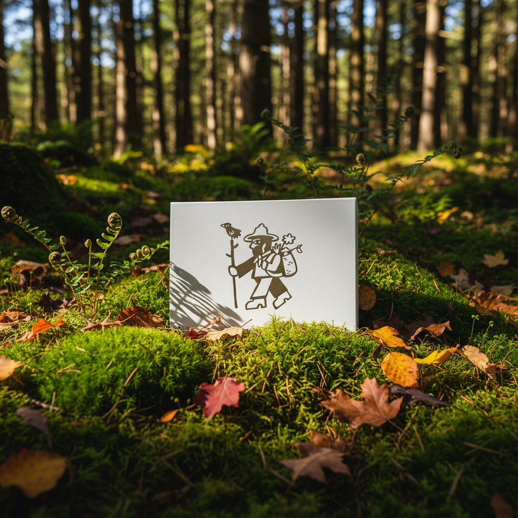 Forager Provisions LTD gift box with a woodland hiker illustration, set in a mossy forest clearing with autumn leaves.