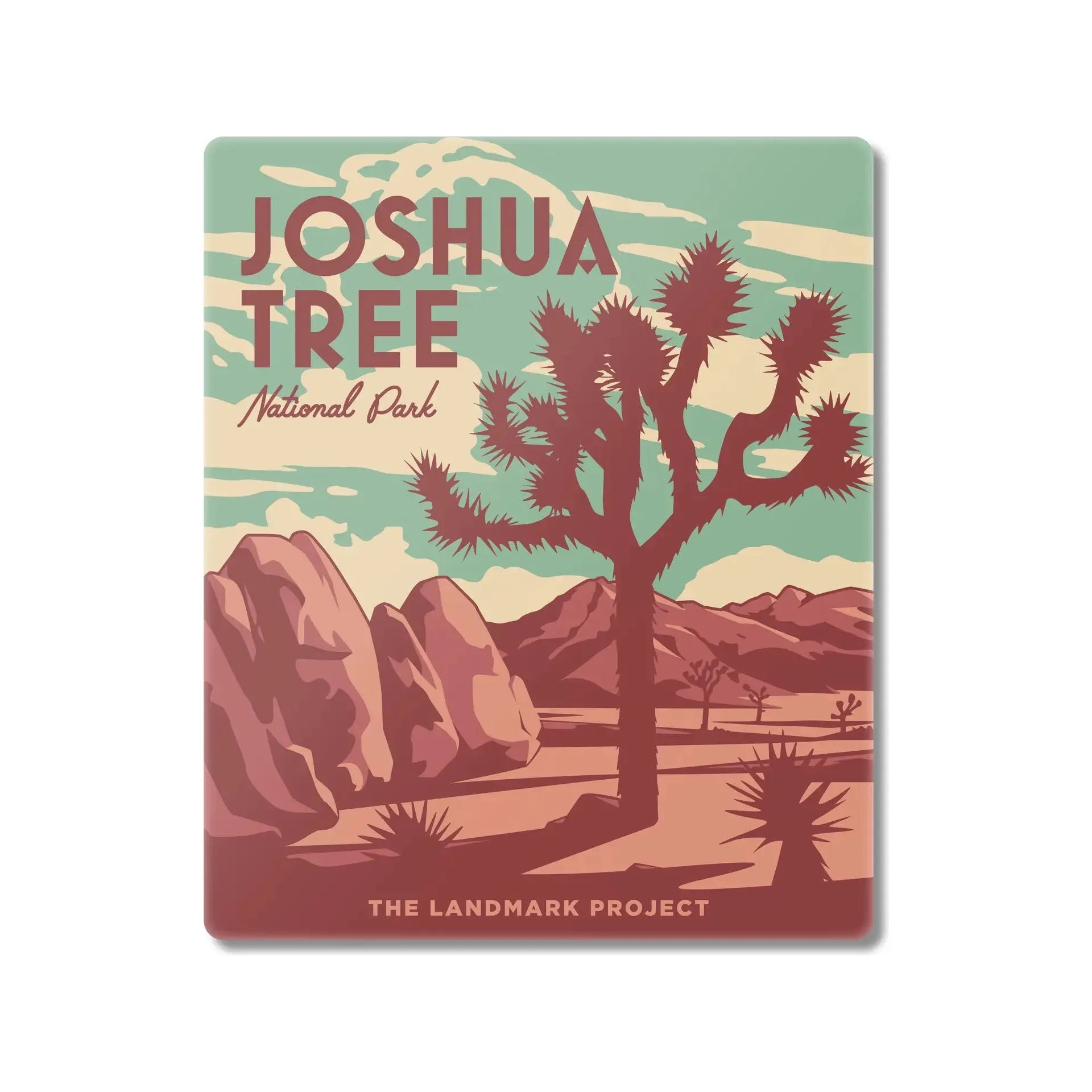Vintage-style artwork depicting a Joshua Tree with mountains in the background, text reads "Joshua Tree National Park, The Landmark Project." Perfect for outdoor enthusiasts, this eco-conscious piece is also available as The Landmark Project Joshua Tree Magnet.
