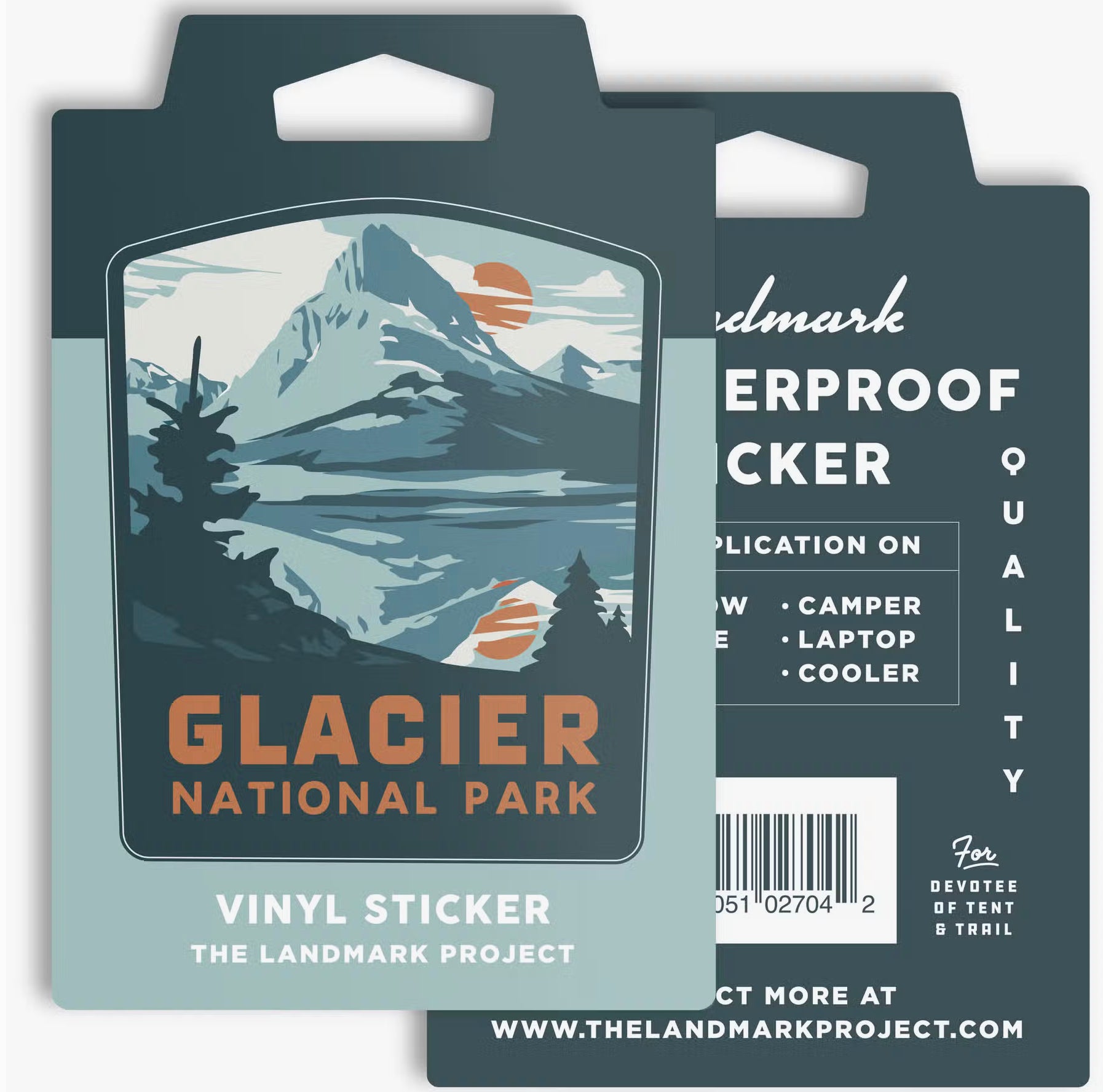 Two weatherproof vinyl stickers featuring a stunning mountain scene from Glacier National Park. The reverse side lists various uses and includes a website link. Product Name: The Landmark Project Glacier National Park Sticker.