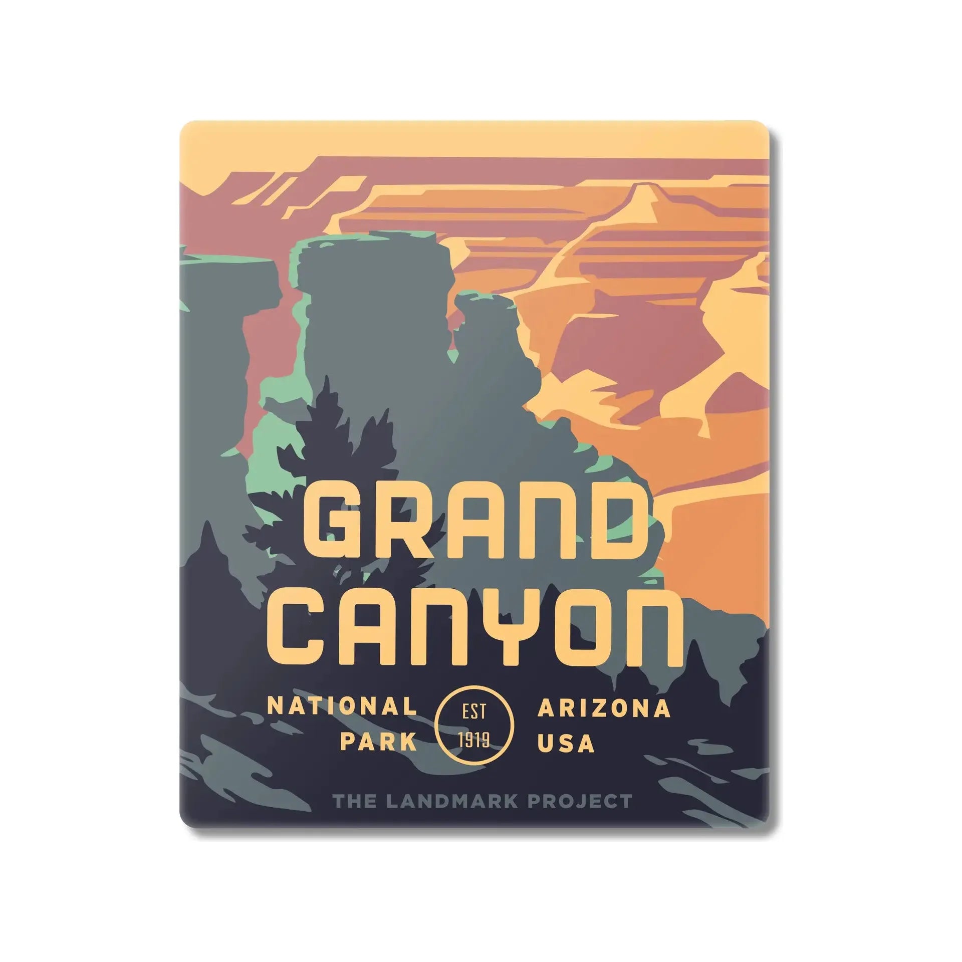 The Landmark Project Grand Canyon Magnet is a vintage-style piece featuring colorful rock formations and labeled "Grand Canyon National Park, Arizona, USA," showcasing themes of sustainability and environmental responsibility.