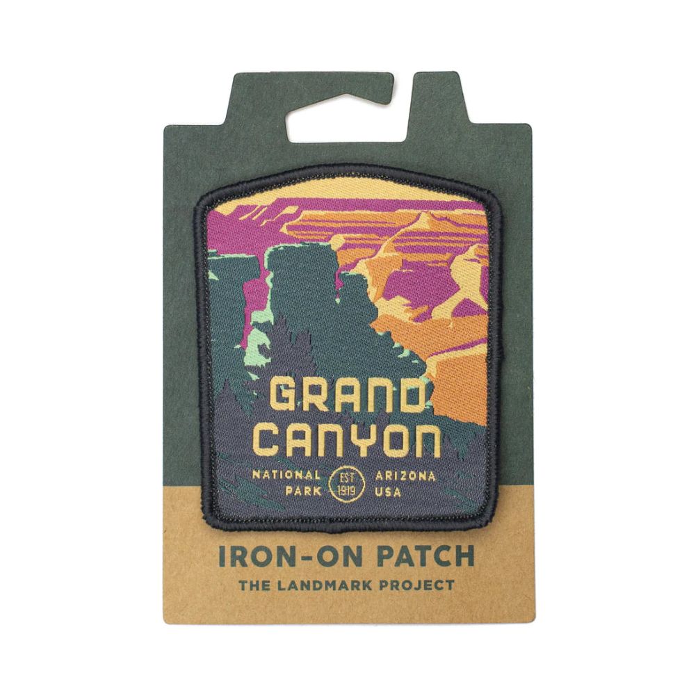 The Landmark Project Grand Canyon National Parks Patch features a vibrant canyon landscape design, perfect for outdoor adventures. It comes packaged with 'The Landmark Project' branding and sustainable packaging.
