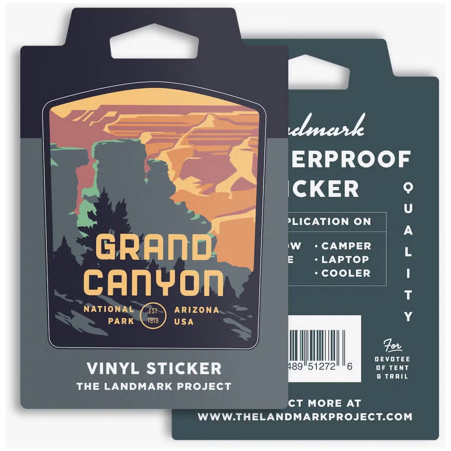 The Landmark Project Grand Canyon (South Rim) National Park Sticker: a weatherproof vinyl set featuring stunning National Park artwork on the front and instructions for use on items like water bottles and laptops on the back. Perfect for showcasing your favorite parks!