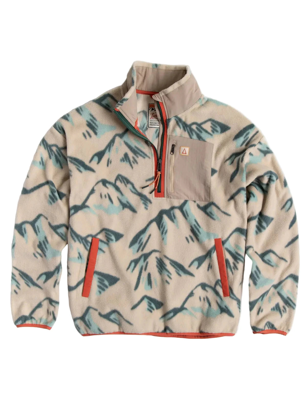 Shop The Landmark Project High County Unisex Fleece with scenic mountain print, zip collar, chest pocket, and vibrant orange trim.