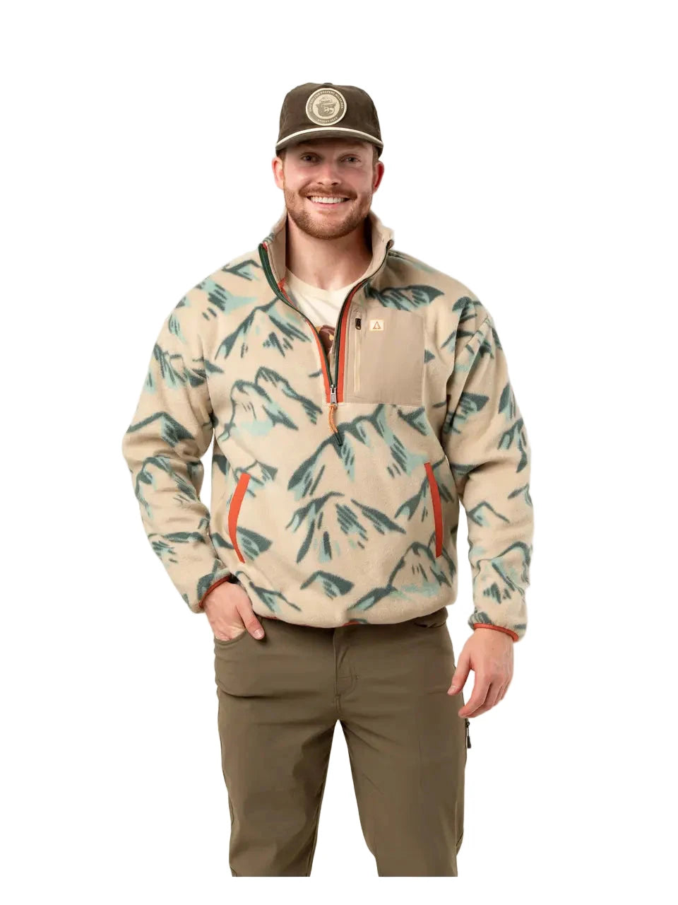 Man smiling in The Landmark Project High Country Unisex Fleece, perfect cozy outdoor wear for hiking, camping, or travel adventures.