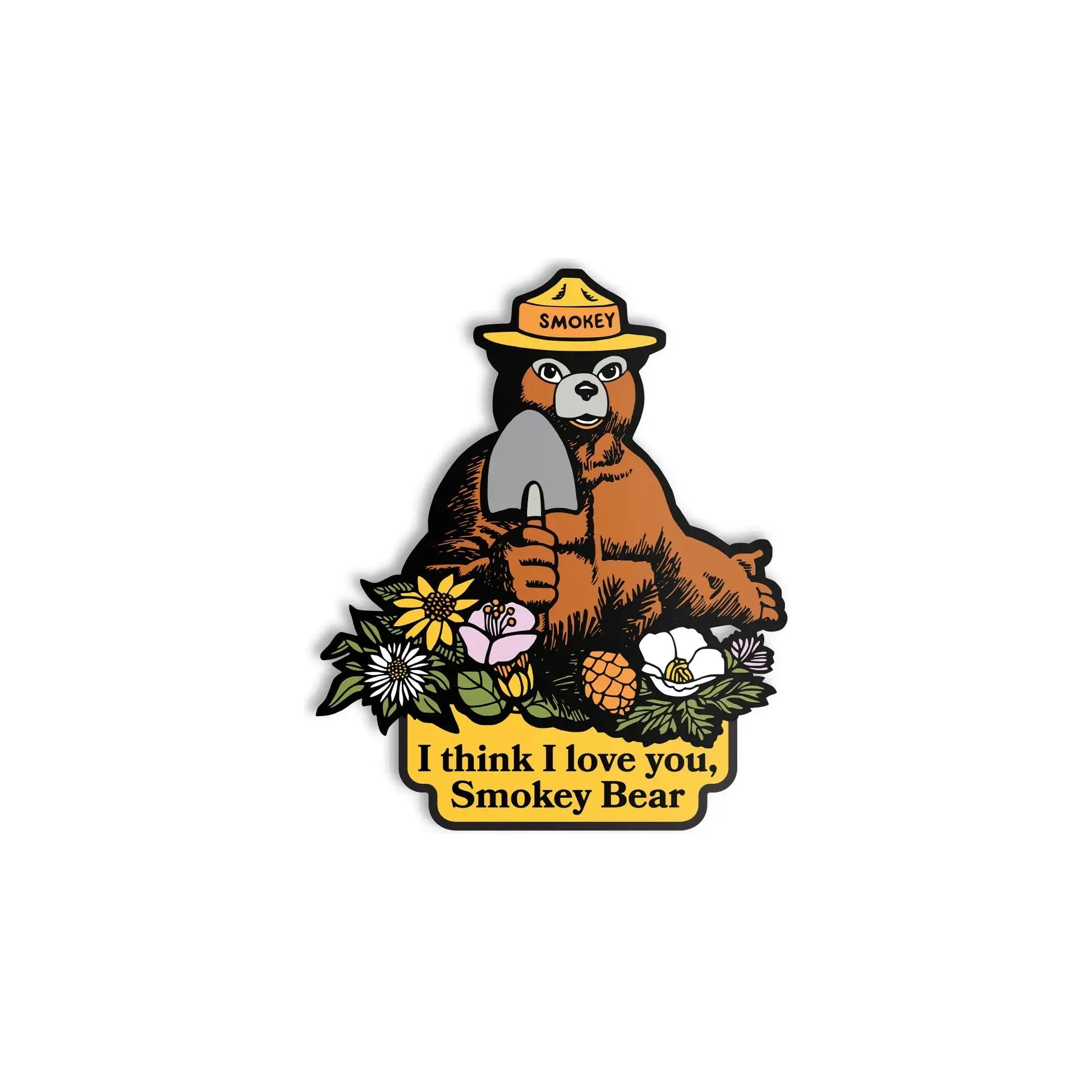Illustration of Smokey Bear holding a shovel, surrounded by flowers with the text "I think I love you, Smokey Bear" at the bottom. This charming artwork is printed on weatherproof vinyl under the name "The Landmark Project I Think I Love You Smokey Bear Sticker" to support Wildfire Prevention Education.