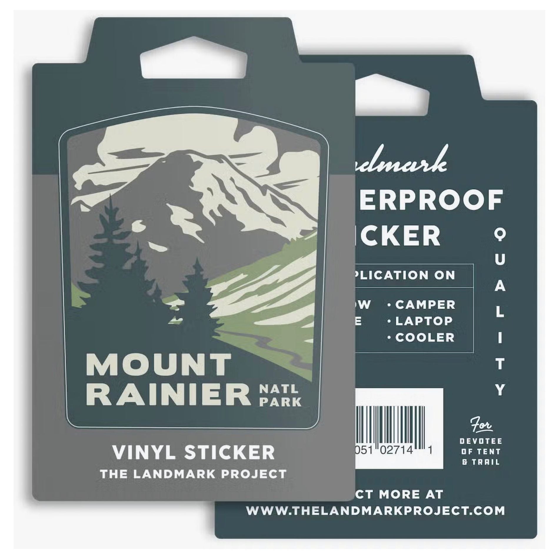 Two packages of "The Landmark Project Mount Rainier National Park Sticker" feature artwork of mountains and trees. The text on the stickers reads "Waterproof Sticker." These park-themed stickers are perfect for any adventure.
