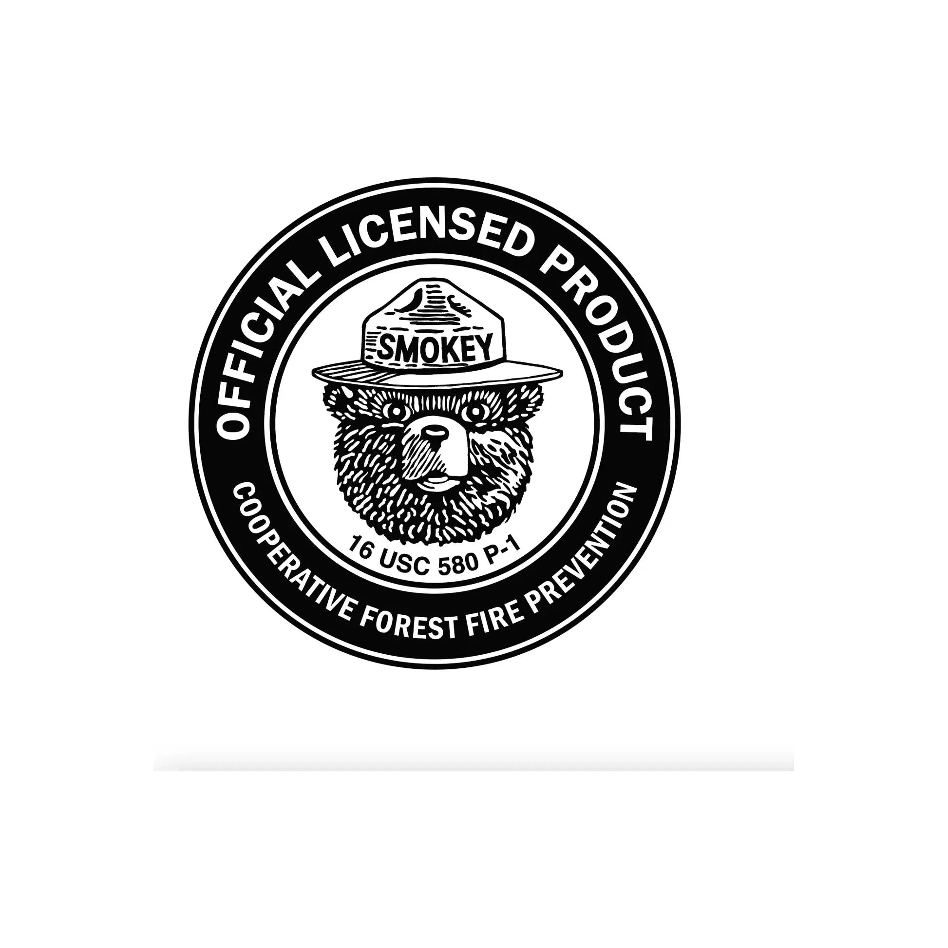 Introducing **The Landmark Project Smokey Bear Logo Sticker**: A black and white circular sticker showcasing Smokey Bear donning his iconic ranger hat. Emblazoned with the text "Official Licensed Product, Cooperative Forest Fire Prevention," this weatherproof vinyl sticker is perfect for park stickers and adventure cataloging—a must-have for outdoor enthusiasts.