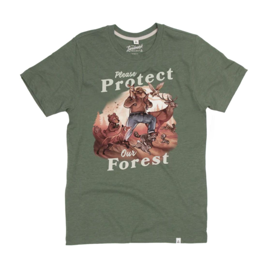The Landmark Project Protect Our Forest T-Shirt - Conifer is a green T-shirt made from recycled polyester, featuring an illustration of forest animals and the text "Please Protect Our Forest" on the front.