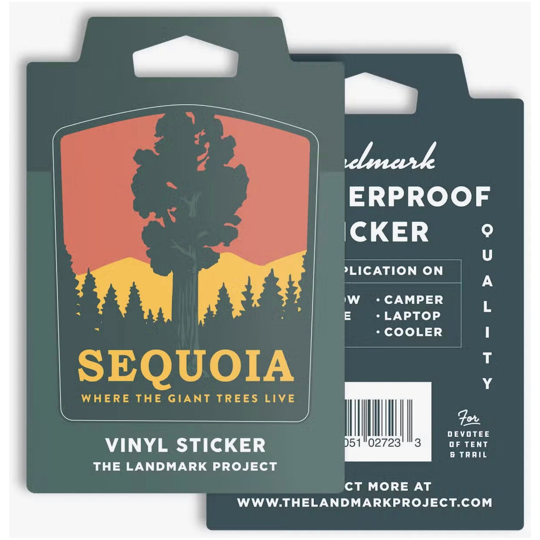 Two intertwined packages of weatherproof vinyl stickers showcase a large tree and forest with the text "Sequoia: Where the Giant Trees Live." These perfect park stickers, named The Landmark Project Sequoia National Park Sticker, beautifully display original artwork inspired by nature's giants.