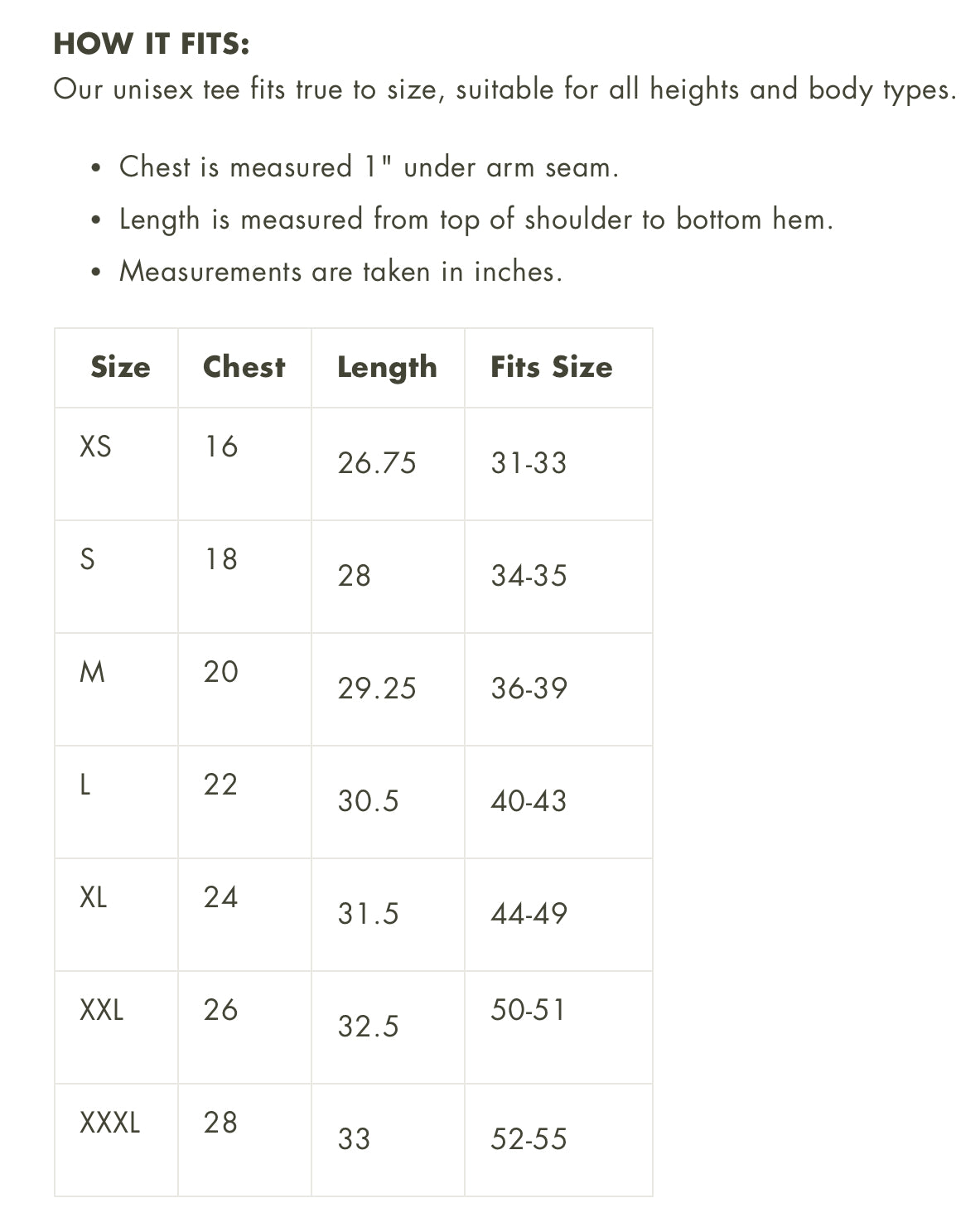 Size chart for a unisex tee with measurements in inches