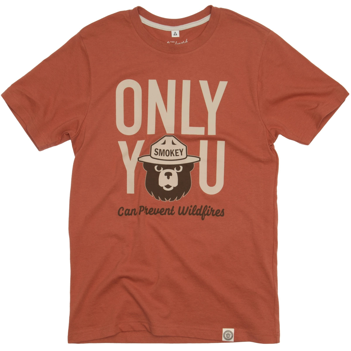 The Landmark Project Only You Smokey Bear T-Shirt in spice features a sustainably made graphic of Smokey Bear wearing a ranger hat, with the text "ONLY YOU Can Prevent Wildfires.