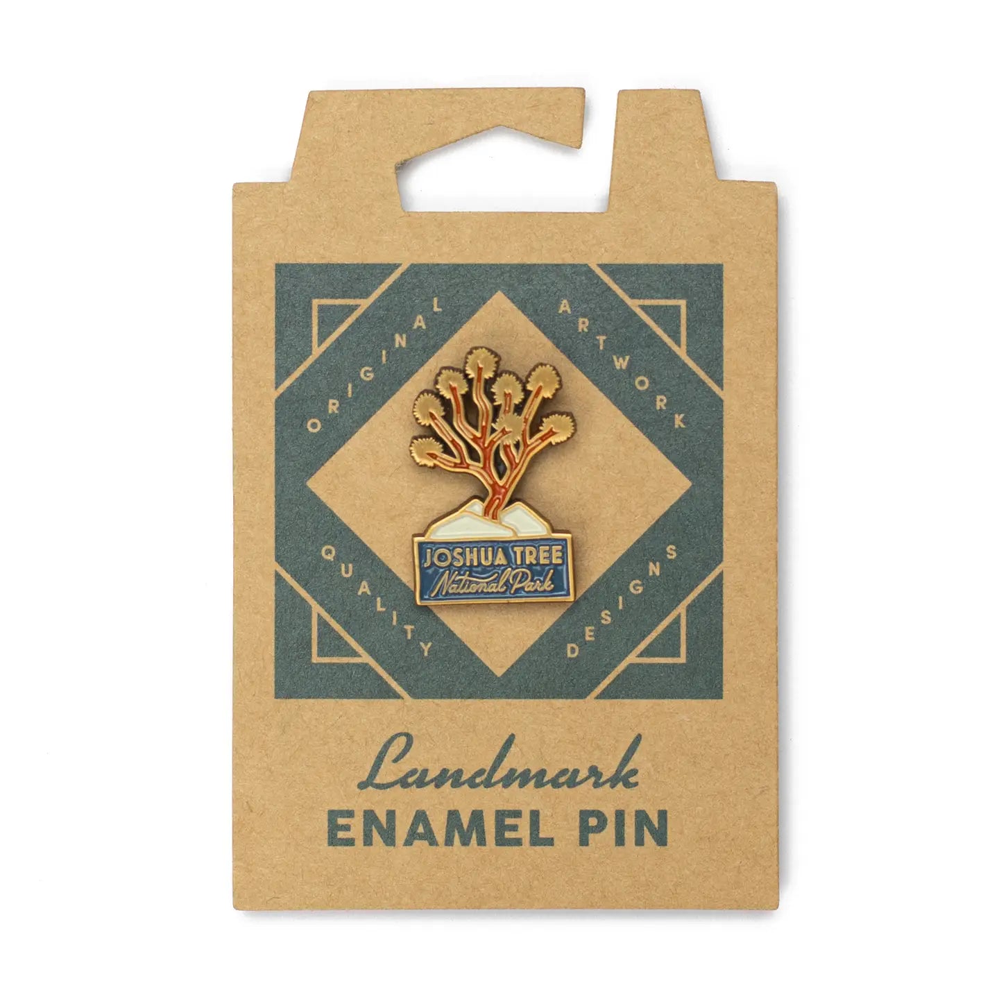 Joshua Tree enamel pin by The Landmark Project on branded brown-green card, perfect souvenir for park lovers and collectors.