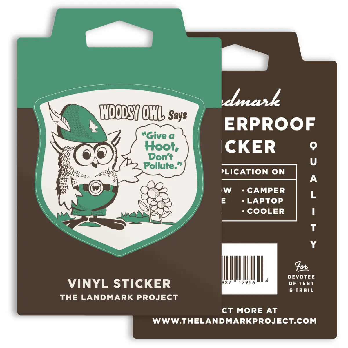 Woodsy Owl “Give A Hoot Don’t Pollute” eco-friendly vinyl sticker on branded brown and green packaging by The Landmark Project.