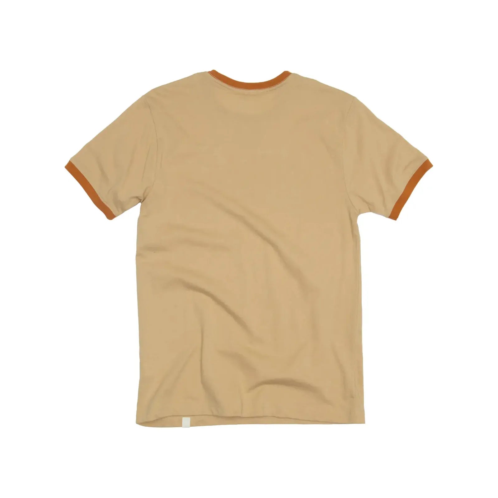 The Landmark Project Yellowstone Type Ringer T-Shirt is a beige tee with orange trim, featuring the text "Yellowstone National Park" and a mountain graphic in brown, sustainably made for eco-conscious adventurers.