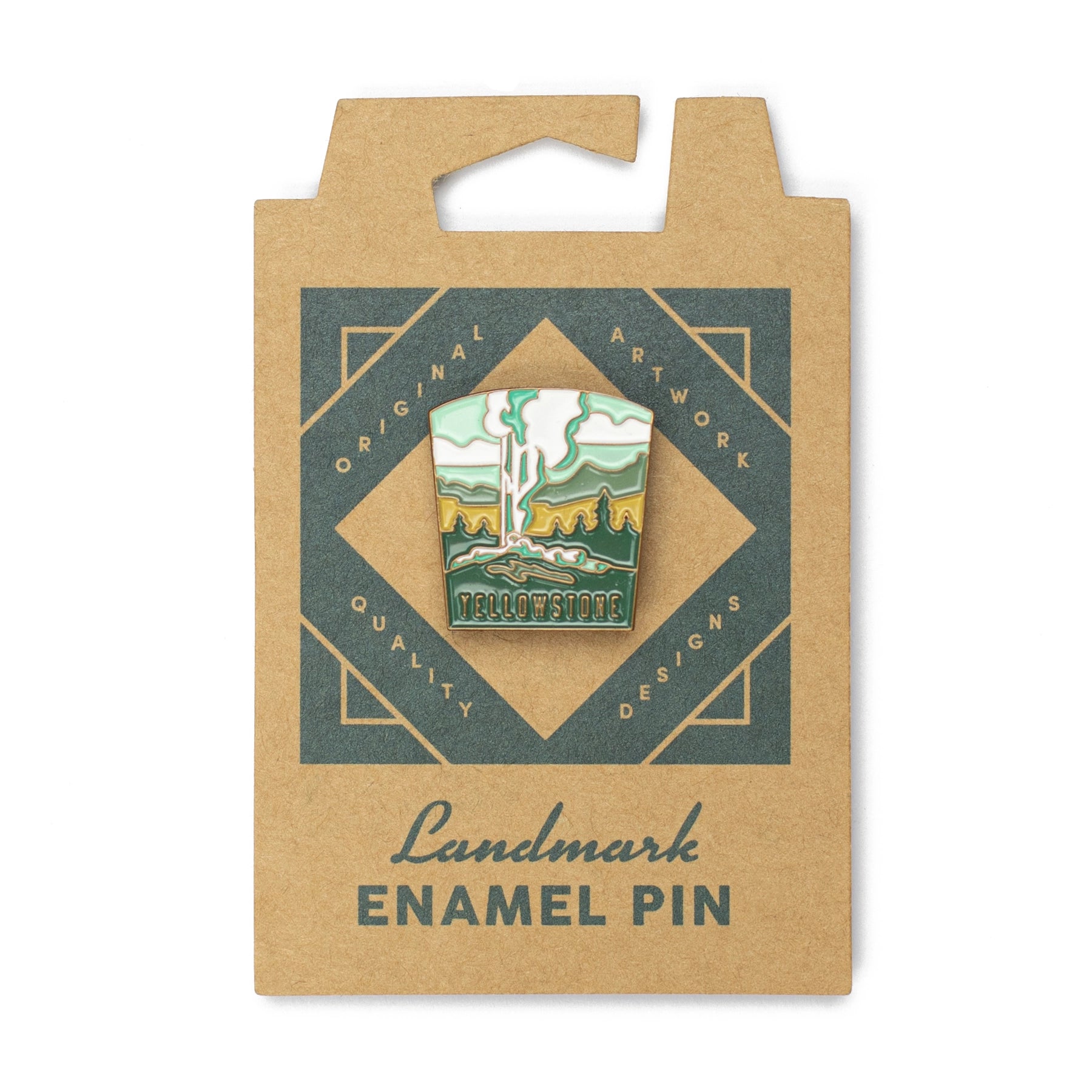 The Landmark Project Yellowstone National Park Pin is an enamel pin on a brown packaging card with green accents and text, "Landmark Enamel Pin." Celebrating one of America's favorite destinations, it is crafted with sustainable packaging to honor the natural beauty it represents.