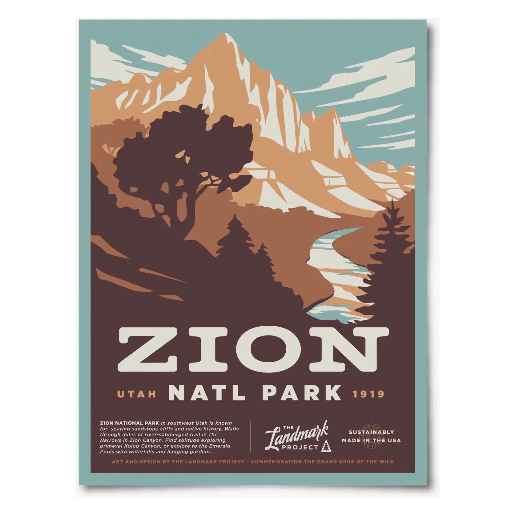 The Landmark Project Zion National Parks Poster 12x16 features stylized mountains, a river, and trees in retro colors, printed on museum-grade archival paper. The text reads: Zion Natl Park, Utah.