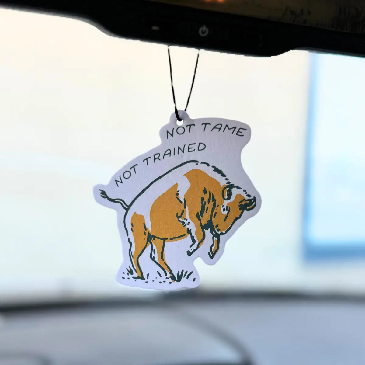 Pig-shaped Dewy Meadow air freshener from The Montana Scene reads NOT TAME NOT TRAINED—unique car accessory and gift idea.