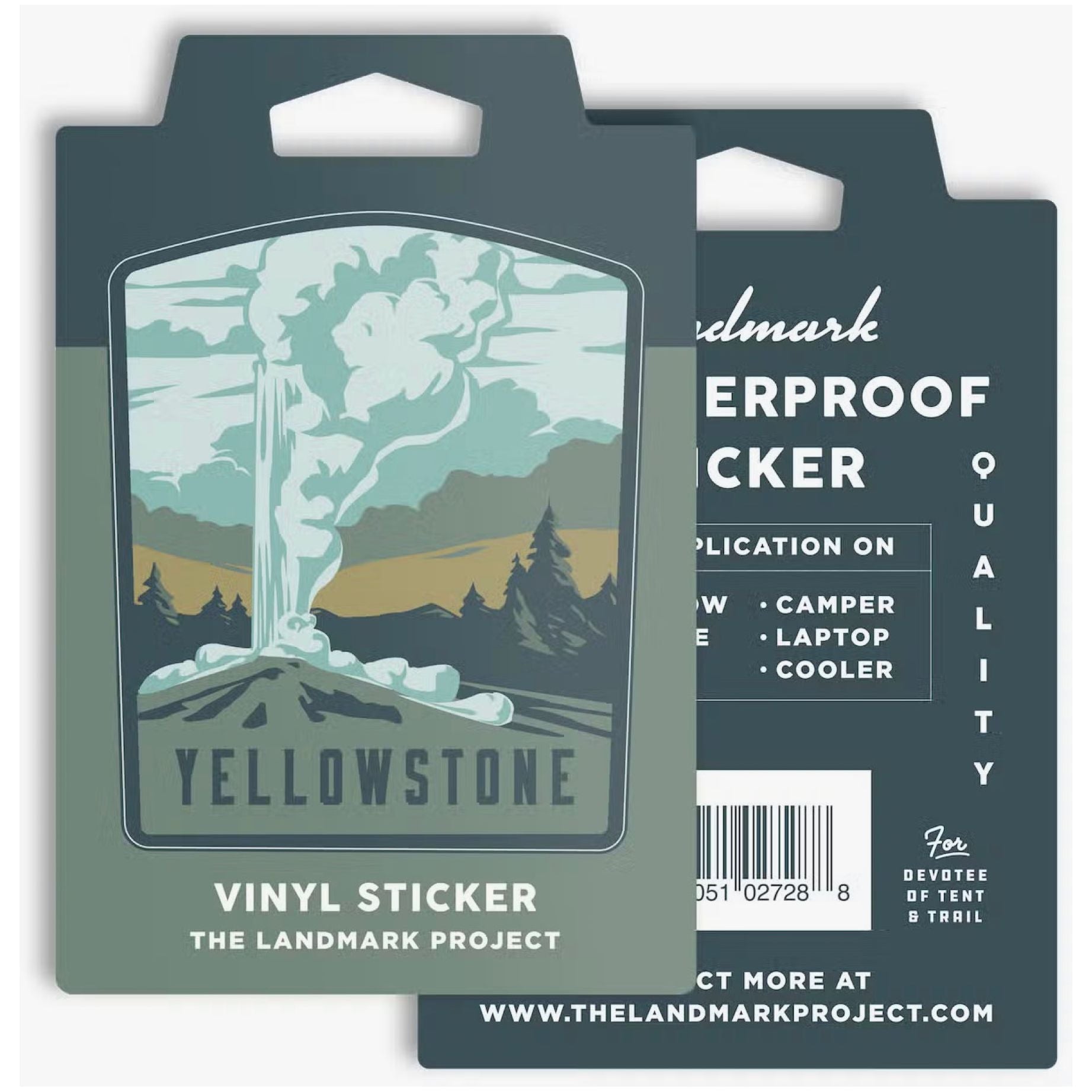 The Landmark Project Yellowstone National Park Sticker pack, made from weatherproof vinyl and featuring the iconic Old Faithful geyser design, includes a tag detailing its various application uses. Perfect for documenting your adventures, these stickers encapsulate the spirit of exploration and can be applied to any surface.