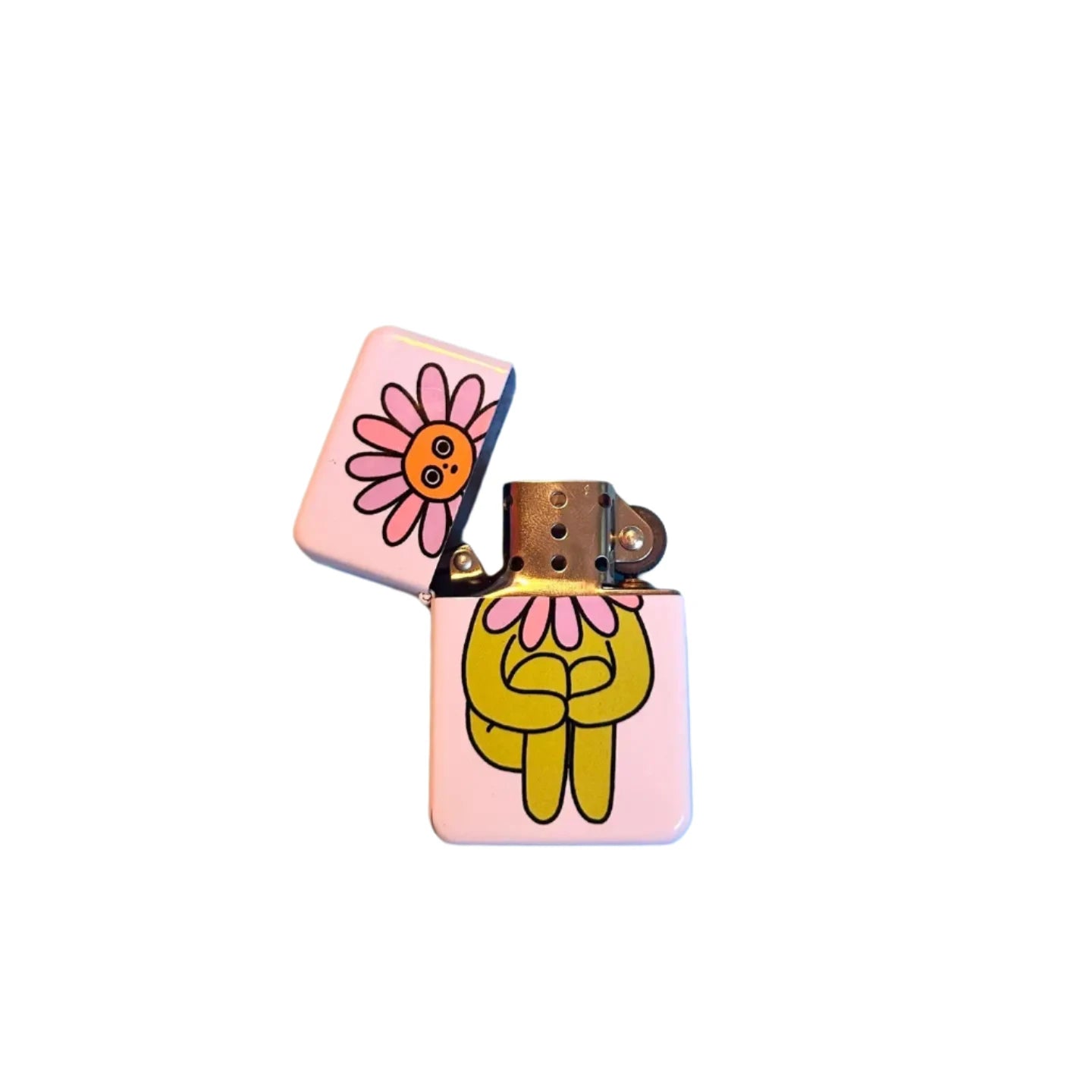 Peach Fuzz Flower Boy pink lighter with cartoon flower, open lid, and visible metal ignition—cute floral smoking accessory.