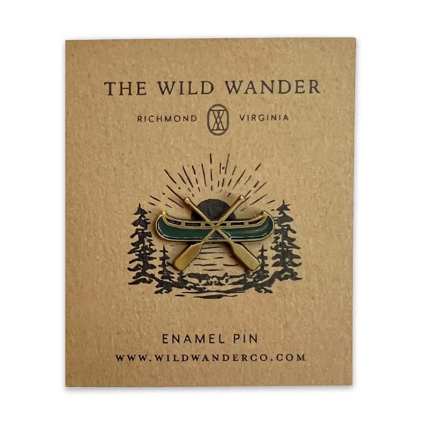 Green canoe enamel pin with crossed paddles—perfect outdoor adventure gift for nature lovers, by The Wild Wander.