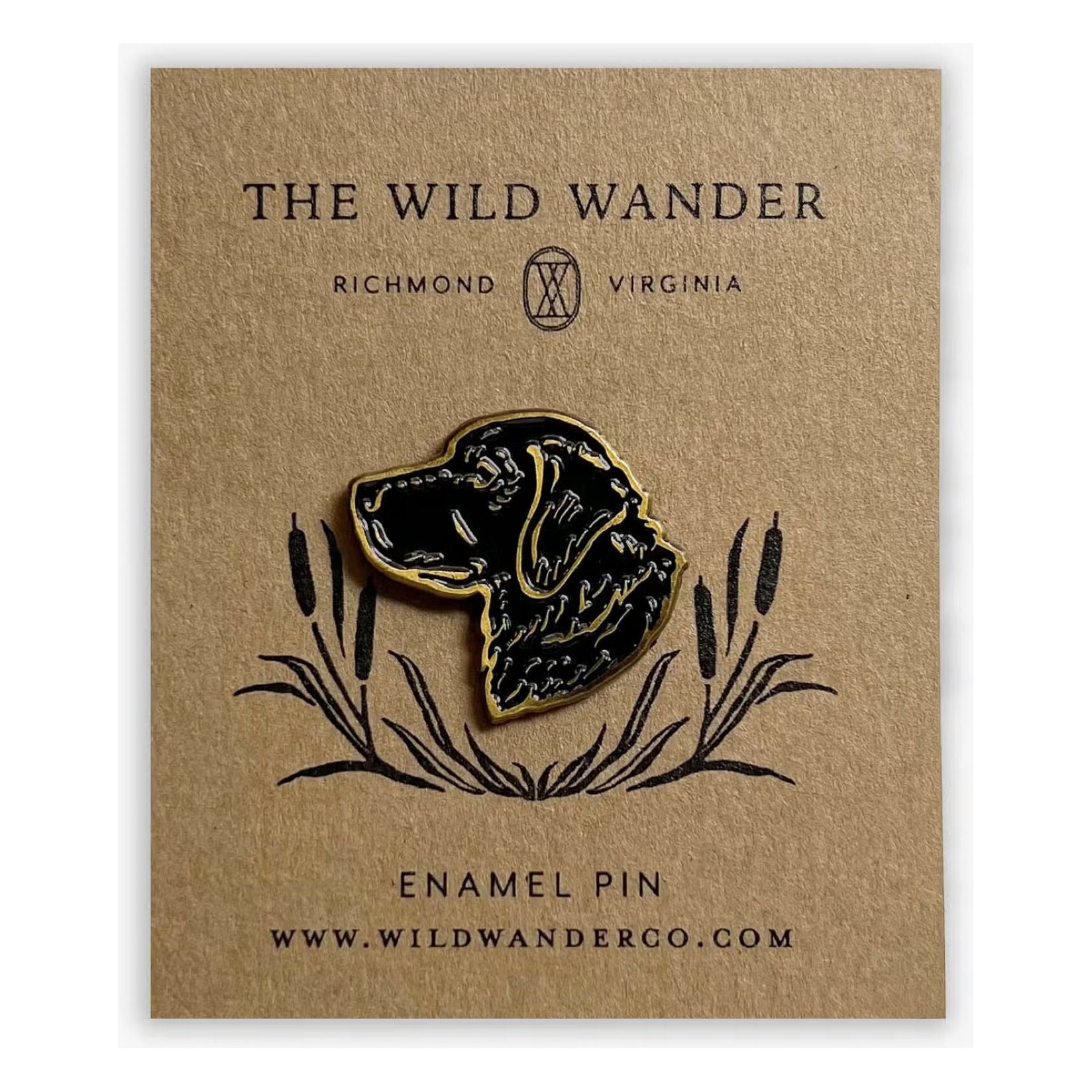 The Wild Wander Black Lab Pin features a custom illustrated dog head on antique gold metal, attached to a cardstock backing with the text: "The Wild Wander, Richmond Virginia, Enamel Pin, www.wildwanderco.com.