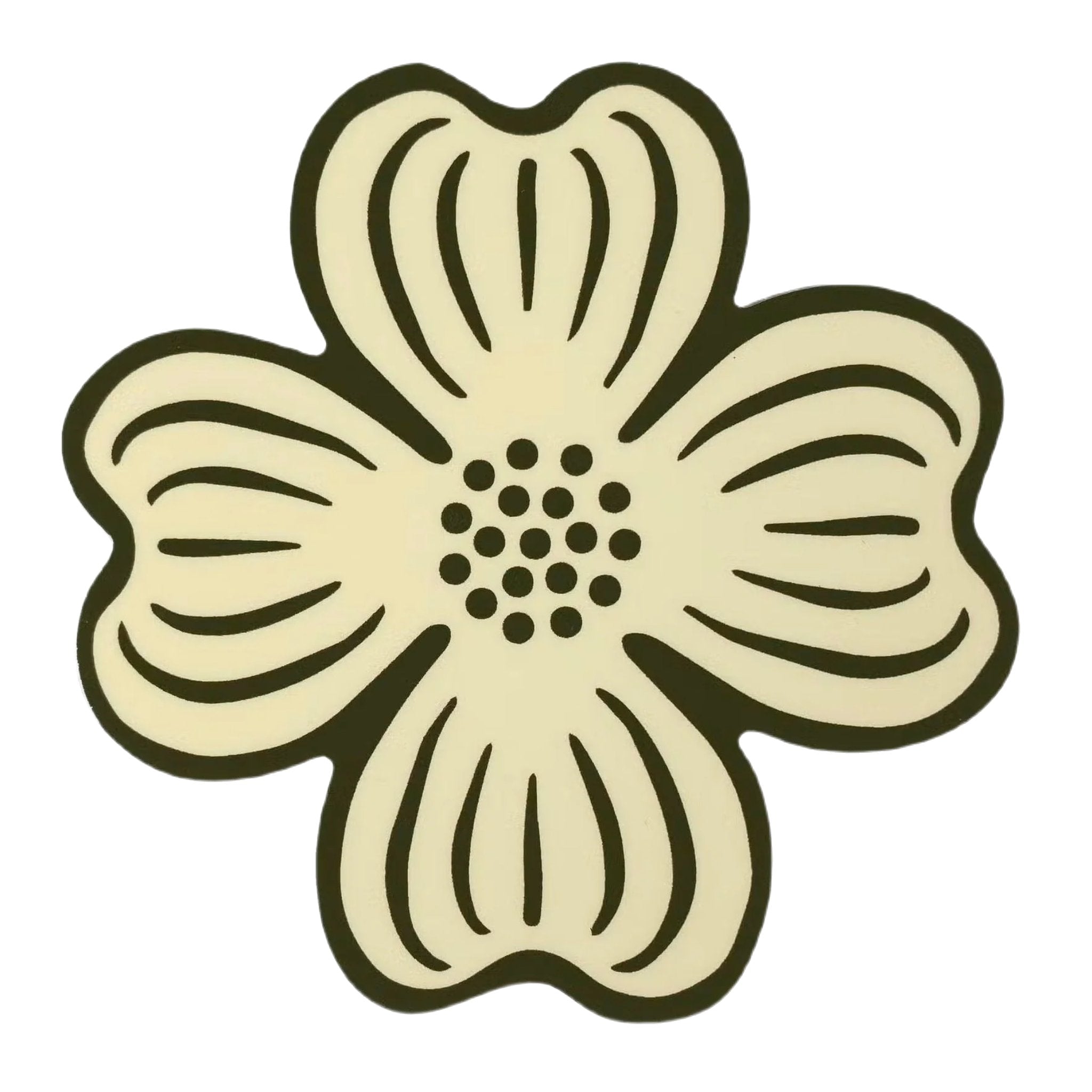 The Wild Wander Dogwood Sticker features a durable, cream-colored, five-petal dogwood flower with black outlines and center dots on a white background; perfect for outdoor-rated vinyl use.