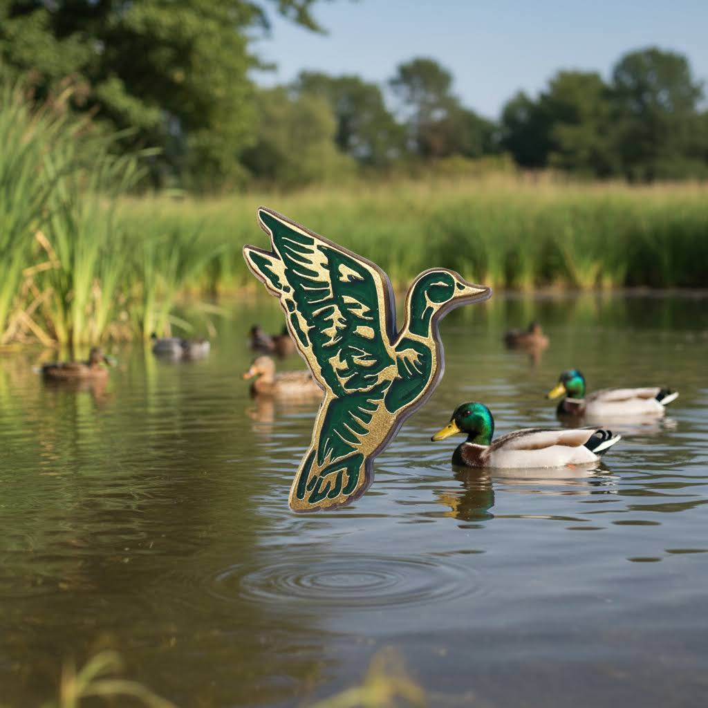 Forager Provisions LTD mallard duck enamel pin in flight with gold and green details against a natural pond background.