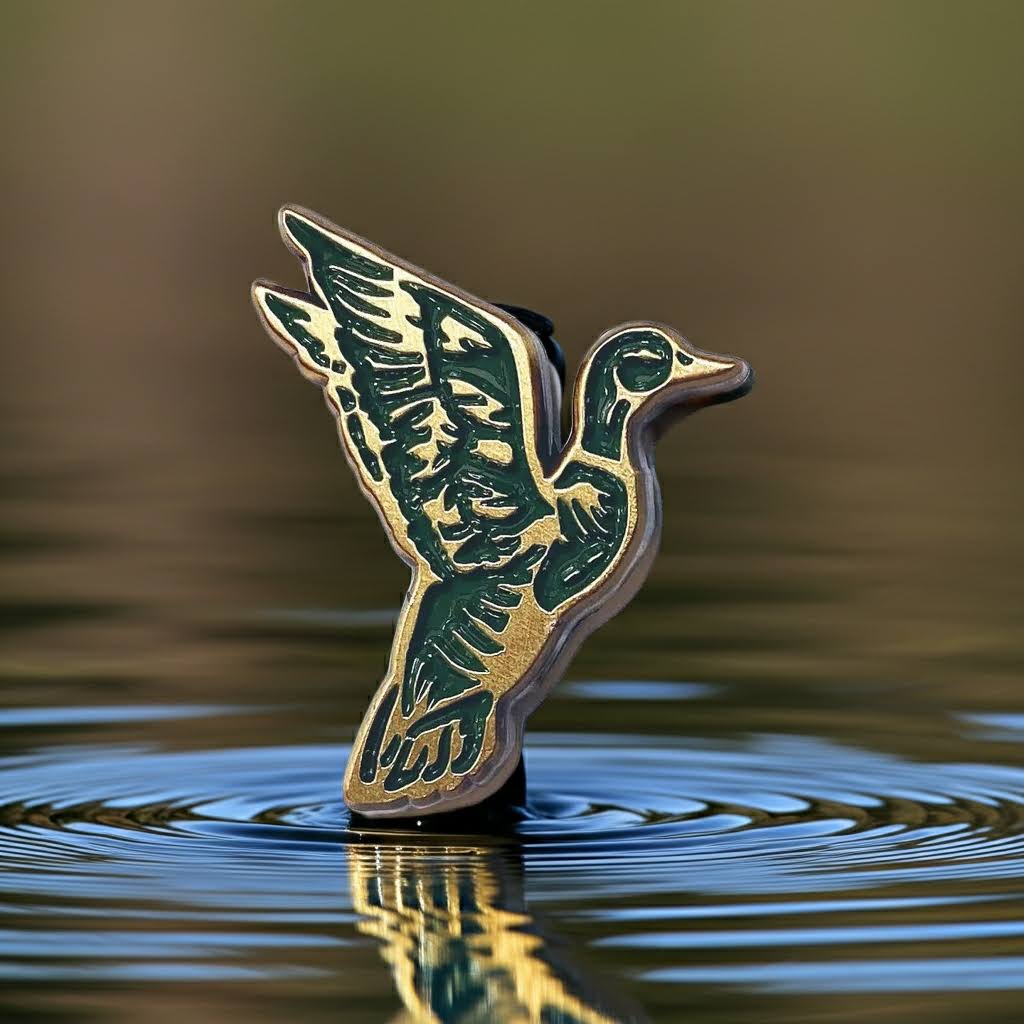Forager Provisions LTD mallard duck enamel pin in flight with green and gold-tone metal details over water.