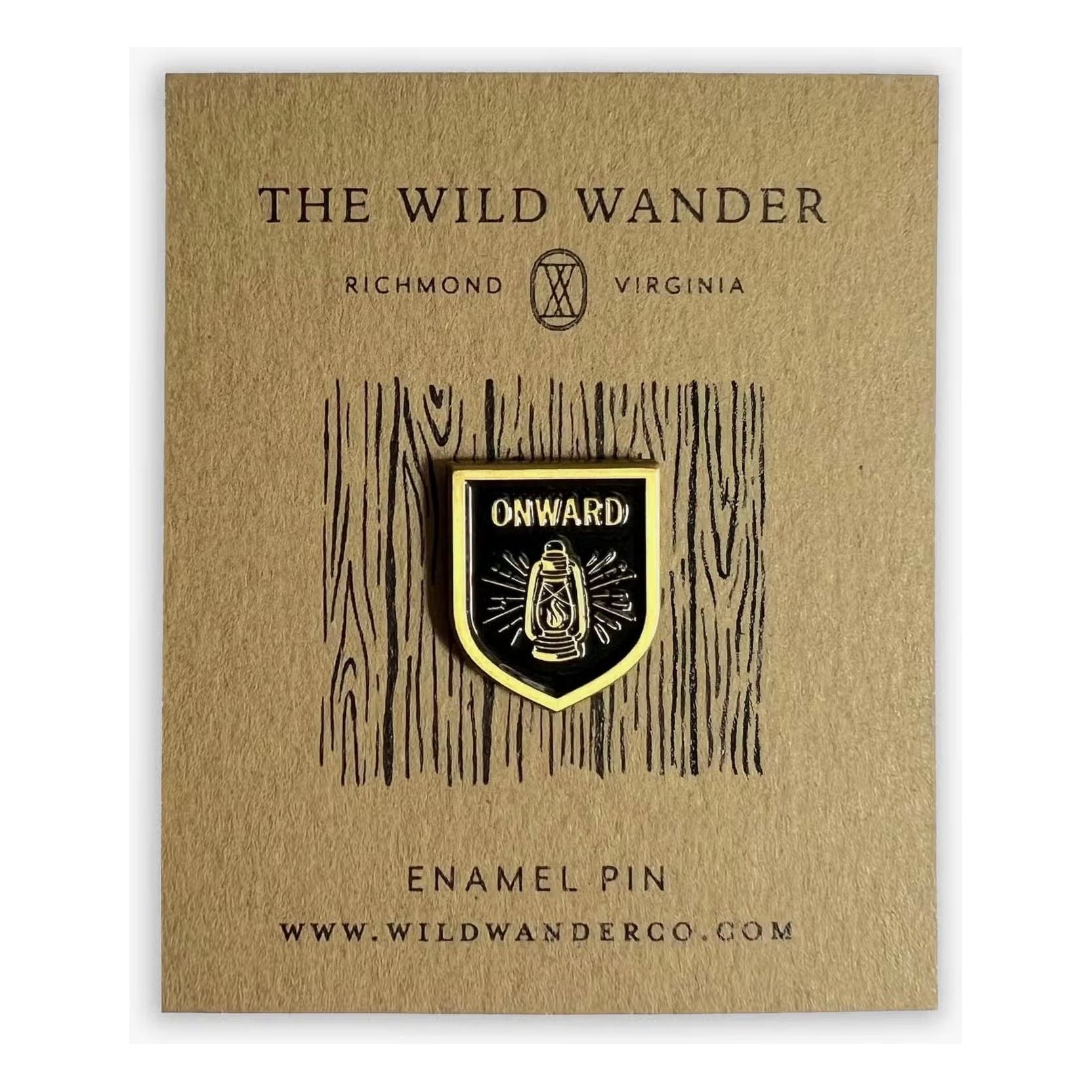 The Wild Wander Lantern Lapel Pin, showcasing a custom-illustrated lantern and the word “Onward” with antique gold accents, is displayed on a card labeled "The Wild Wander, Richmond, Virginia.