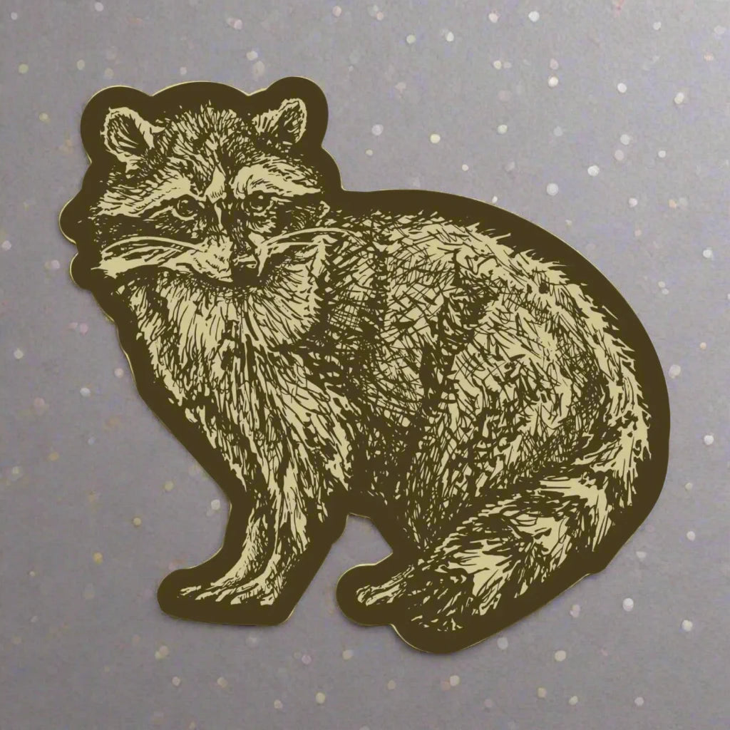 Vintage Wild Wander Raccoon Sticker—weatherproof vinyl decal, left-facing raccoon, retro design on white background.