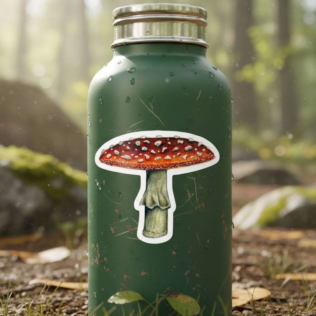 Forager Provisions LTD red cap mushroom vinyl sticker on a green water bottle in a forest setting