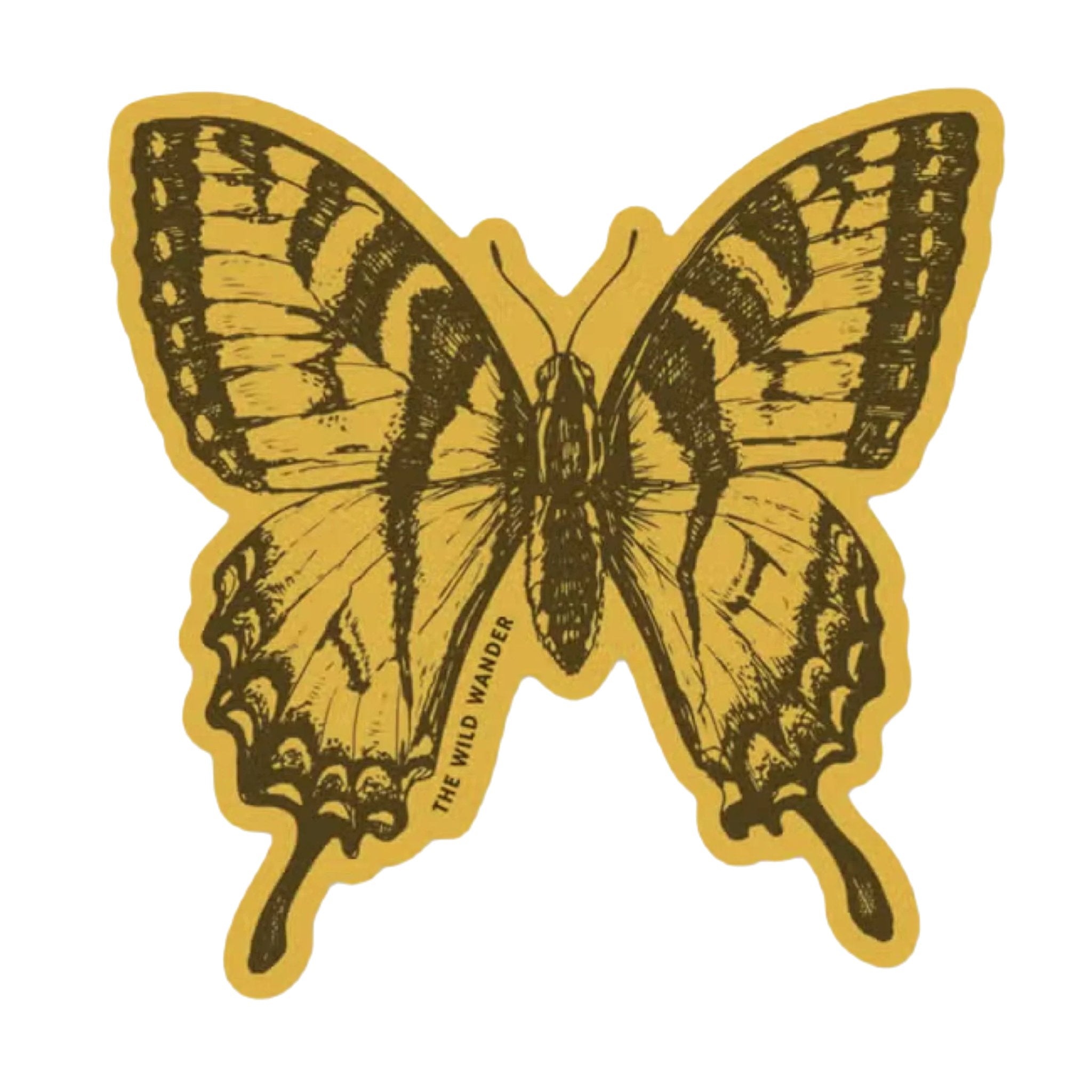 Introducing "The Wild Wander Swallow Butterfly Tail Sticker" – a detailed illustration of a yellow and brown swallowtail butterfly with intricate wing patterns, set against a white background. These durable vinyl stickers are perfect for outdoor use.