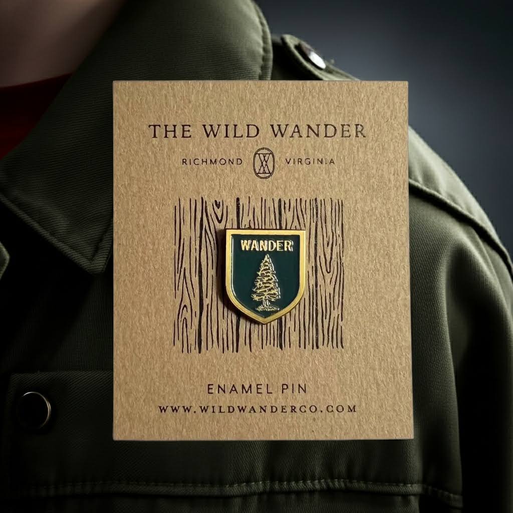 The Wild Wander Wander Fir Tree Forest Enamel Scout Shield Pin
