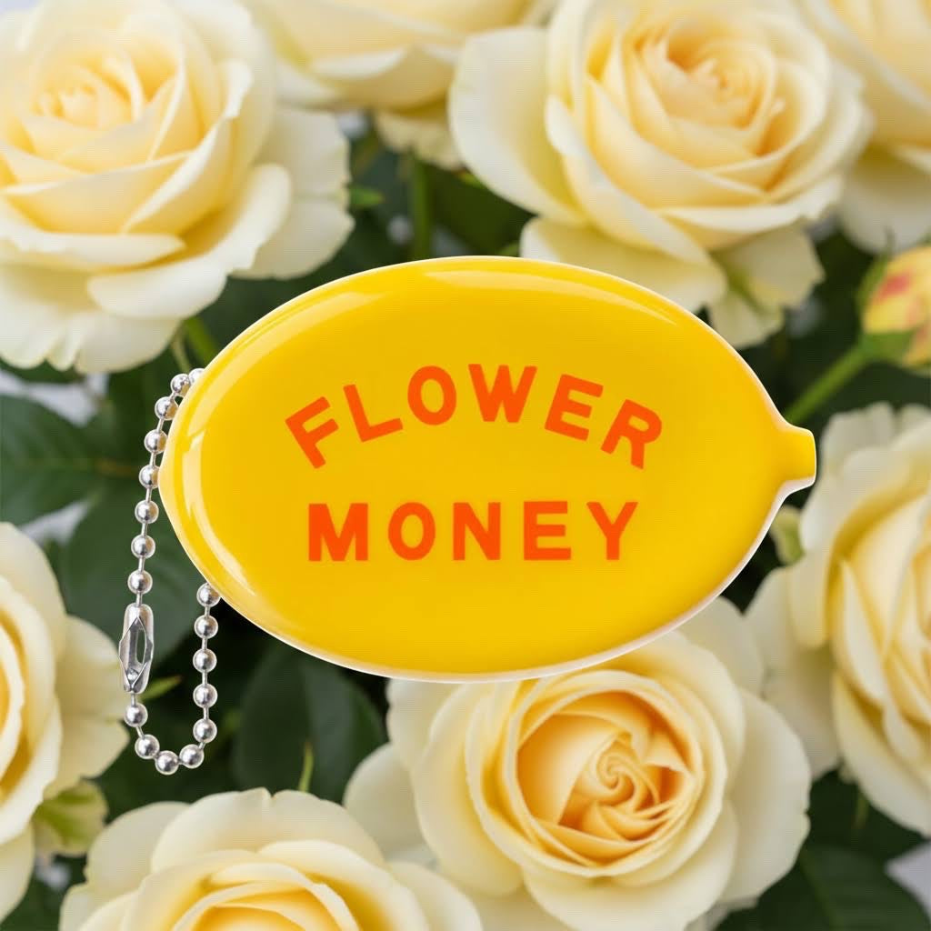 Forager Provisions LTD Three Potato Four yellow vinyl coin pouch with Flower Money text against a cream rose background