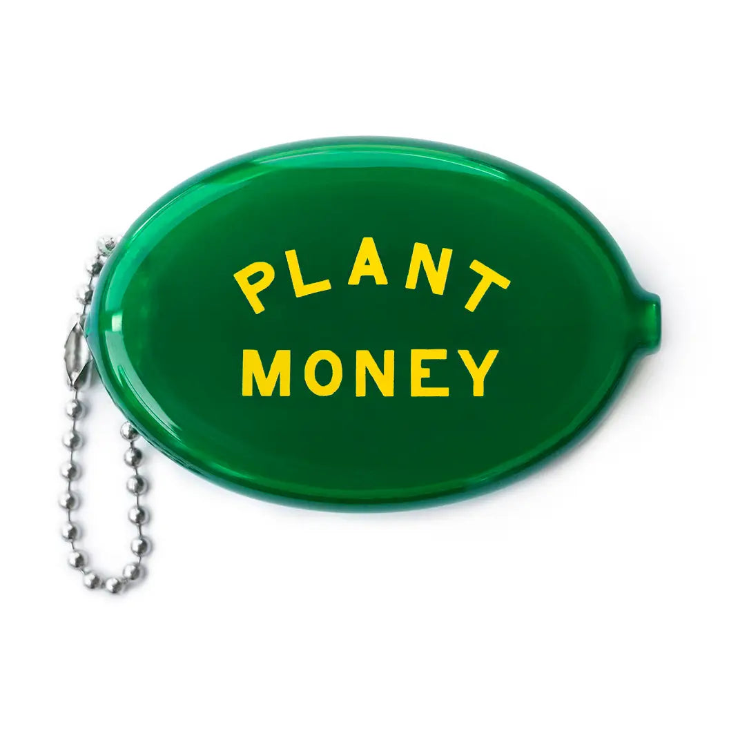 The Three Potato Four Plant Money Coin Pouch features translucent green vinyl, yellow print, and a handy metal chain for keys.