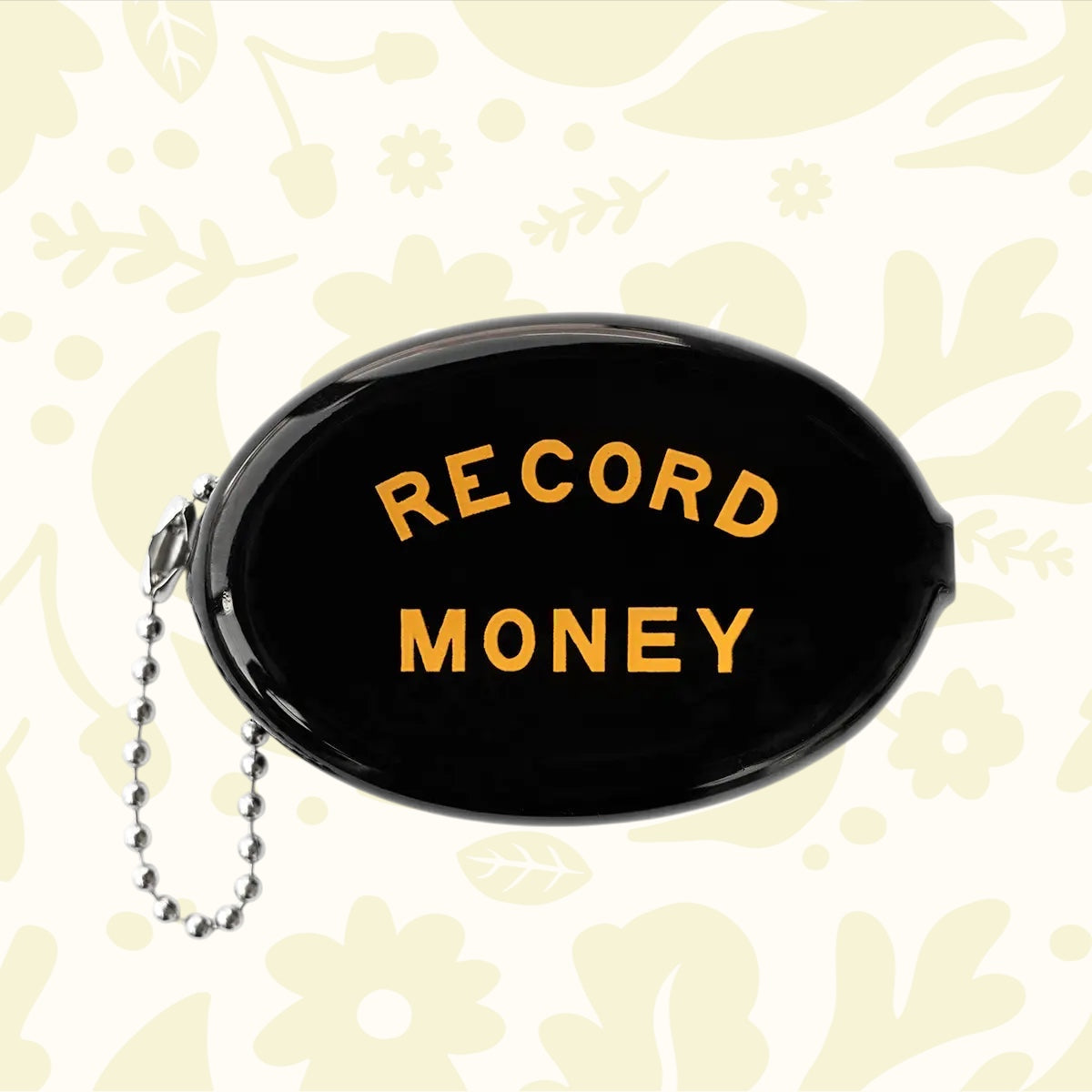Three Potato Four Coin Pouch - Record Money: black oval vinyl pouch with beaded chain, perfect music lover wallet accessory.