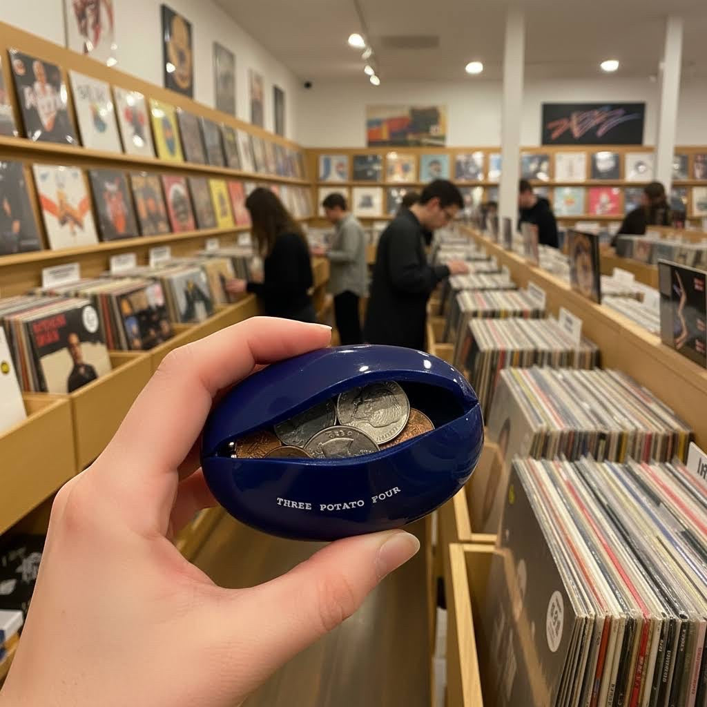 Forager Provisions LTD Three Potato Four blue vinyl-inspired coin pouch held in a hand inside a record store.