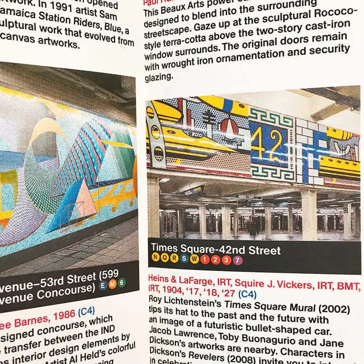 Cover of the "Blue Crow Media New York Subway Architecture Map," curated by Sandra Bloodworth for MTA New York City Transit, featuring a small preview of the subway map through a circular cut-out.