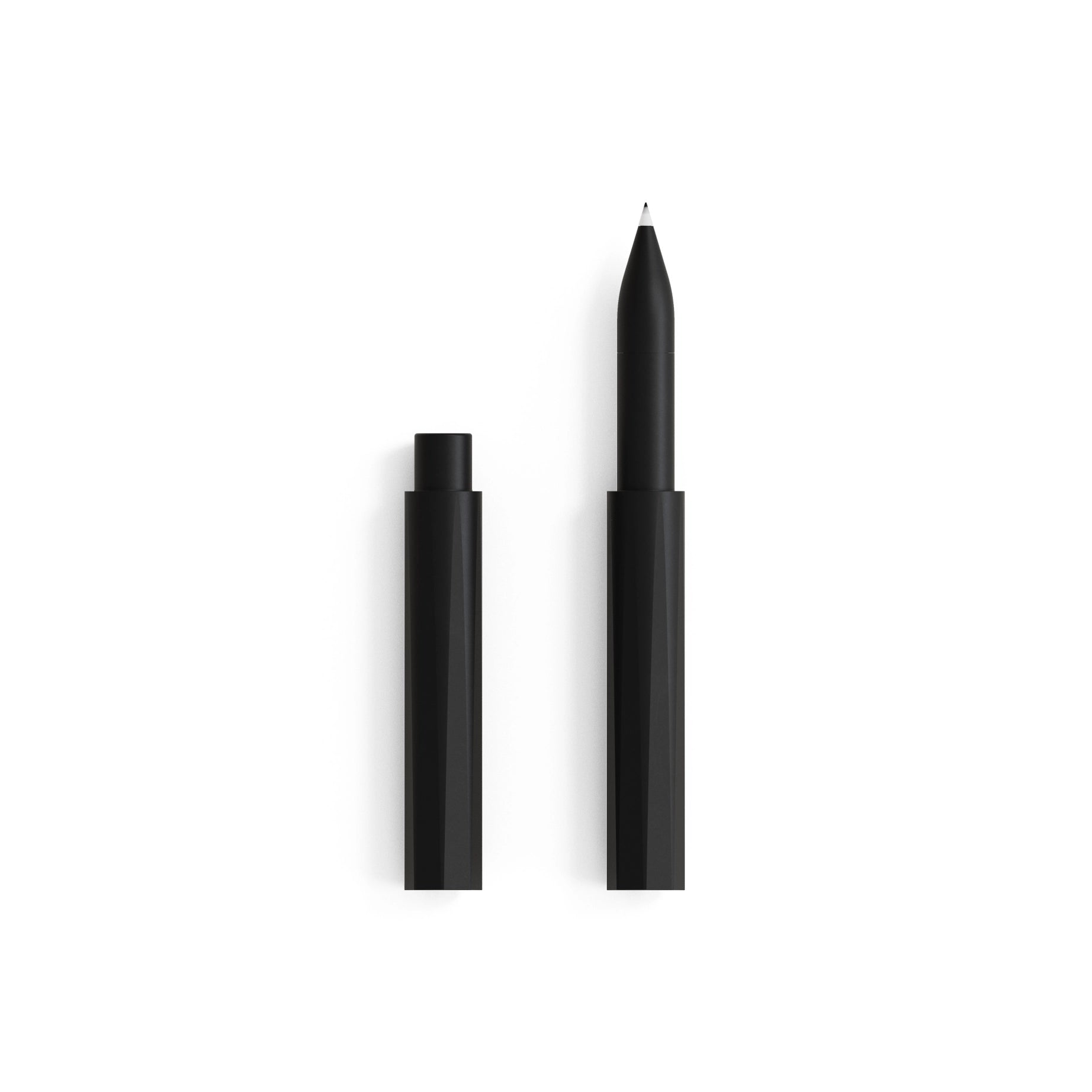 Tom’s Studio The Wren Refillable Black Writing Pen with cap off, both upright on white background, premium calligraphy tool.