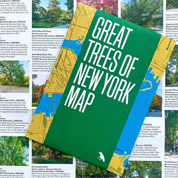 A booklet titled "Blue Crow Media Great Trees Of New York Map," featuring an eco-friendly printed map background, is showcased against a collage of tree images and descriptions.
